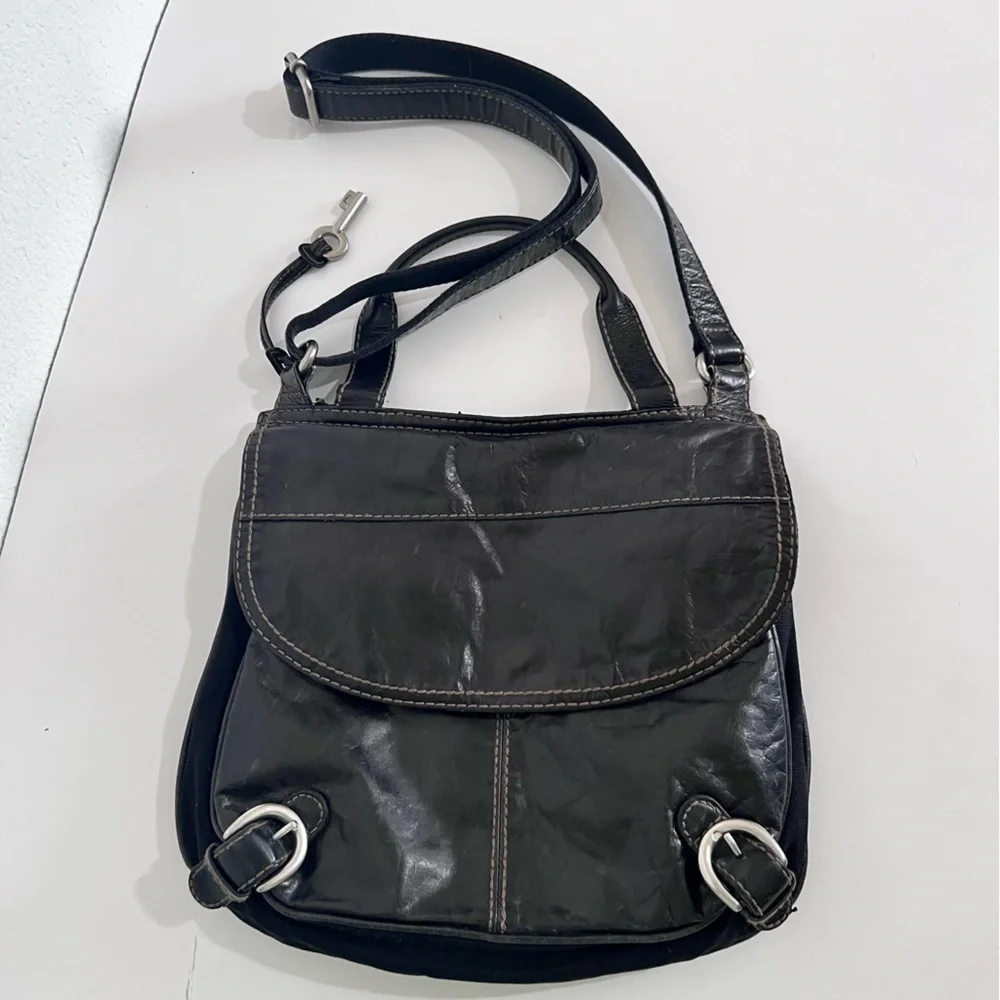 Fossil Black Leather & Canvas Messenger Crossbody Bag Purse Unisex